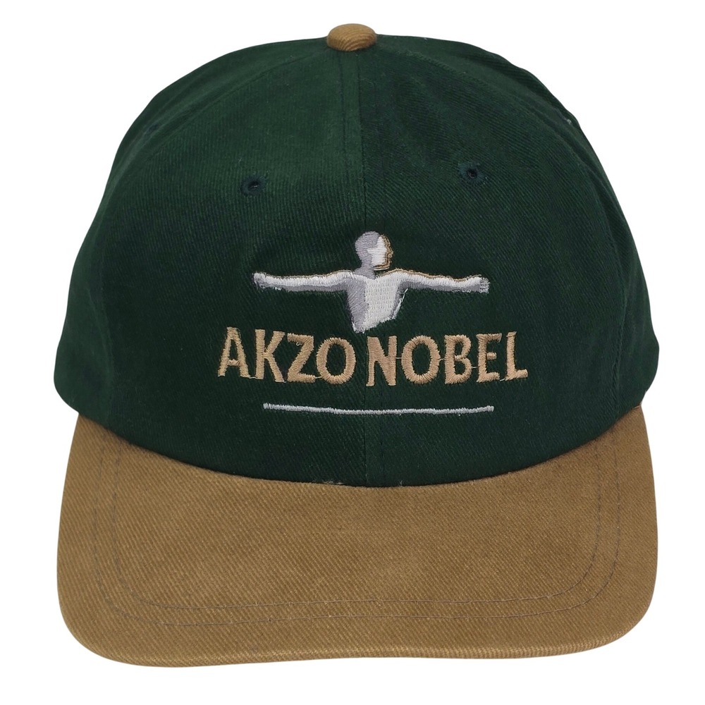 AJM‎ Akzo Nobel Hat Baseball Cap Mens Green Tan Cotton Strapback Vintage 90s Y2K